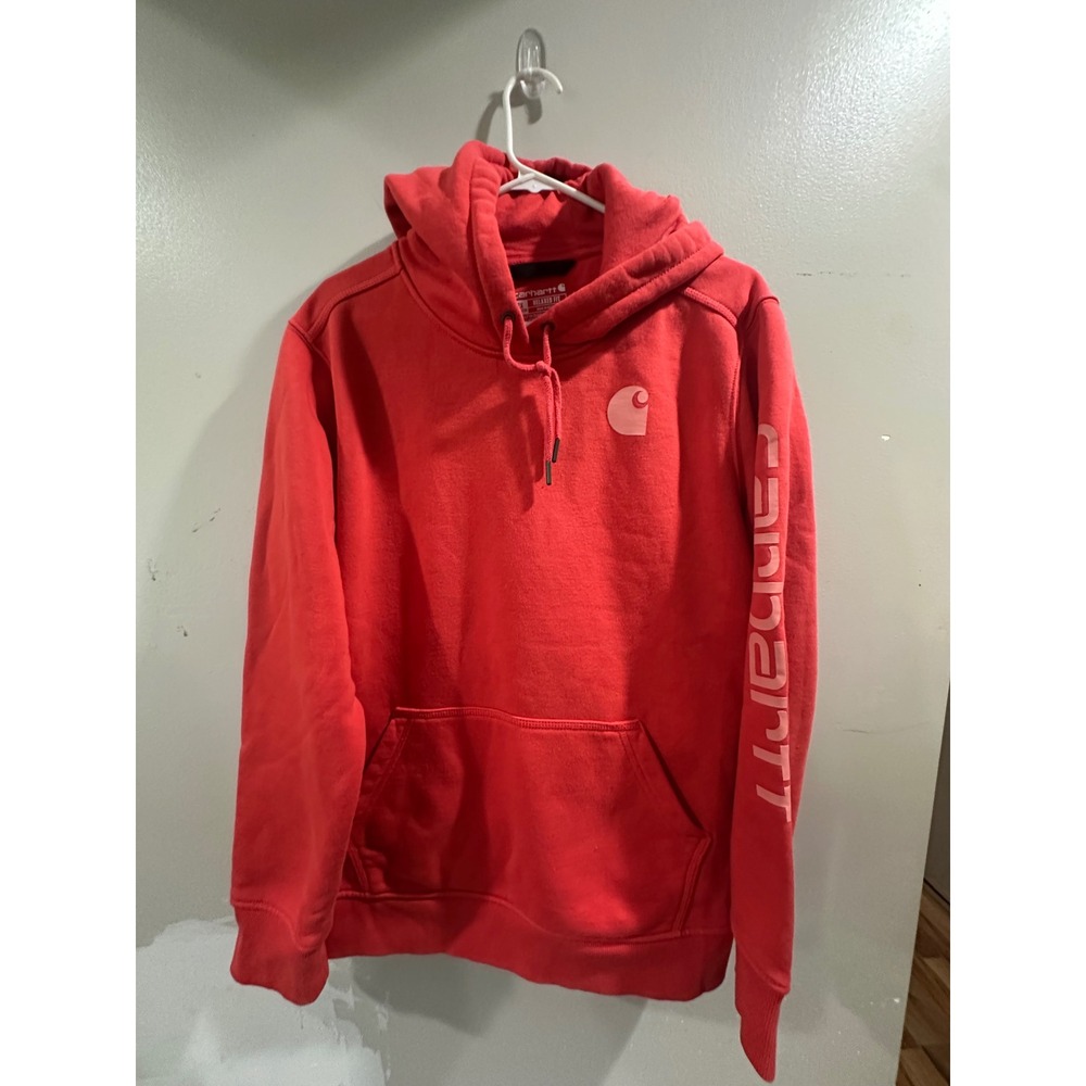 Carhartt Womens 2X Relaxed Fit Graphic Logo Hoodie Red Sweatshirt Long Sleeve